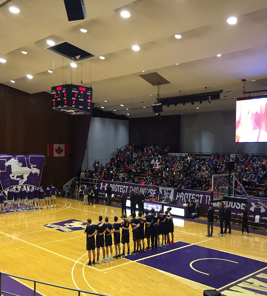 Basketball and cheerleading team with audience on the stands