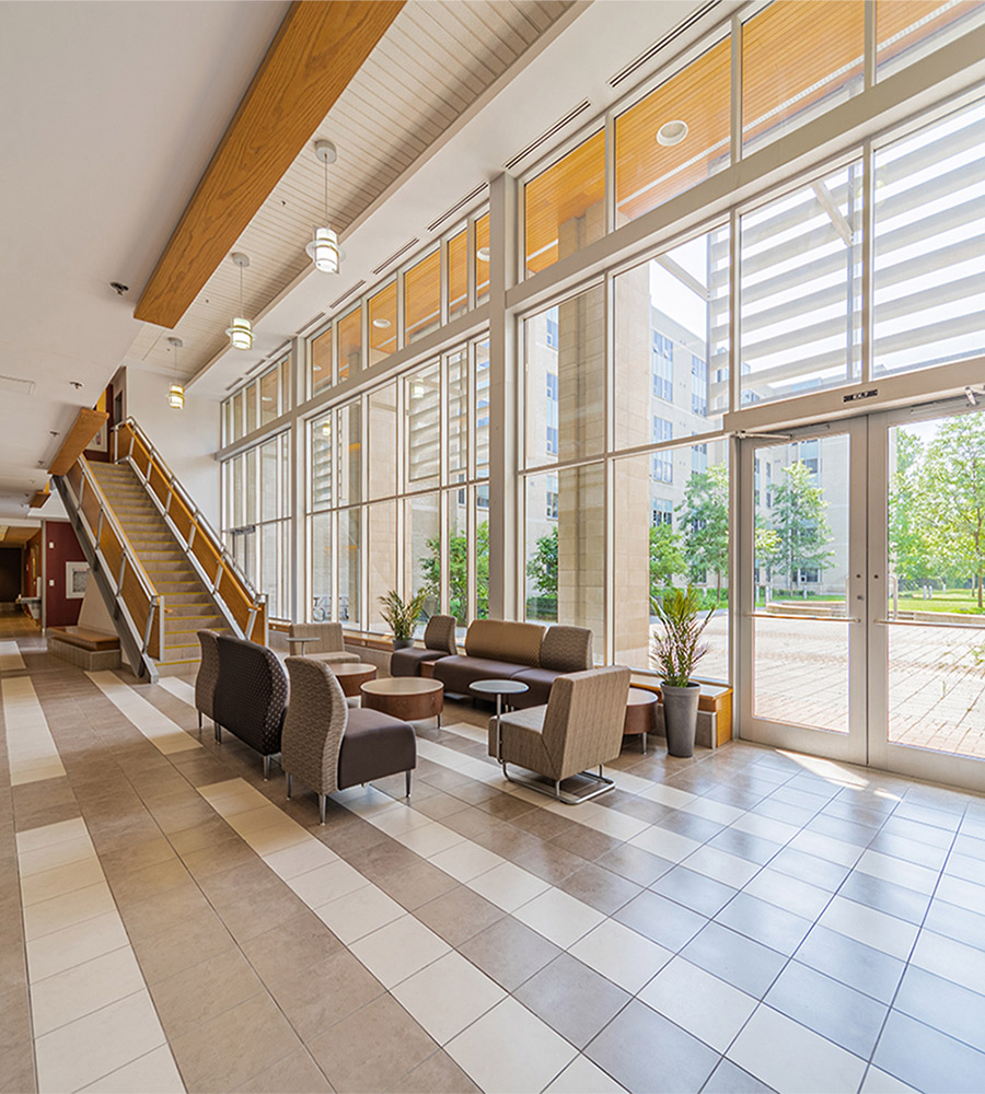 Moveable chairs and tables in London Hall Lobby