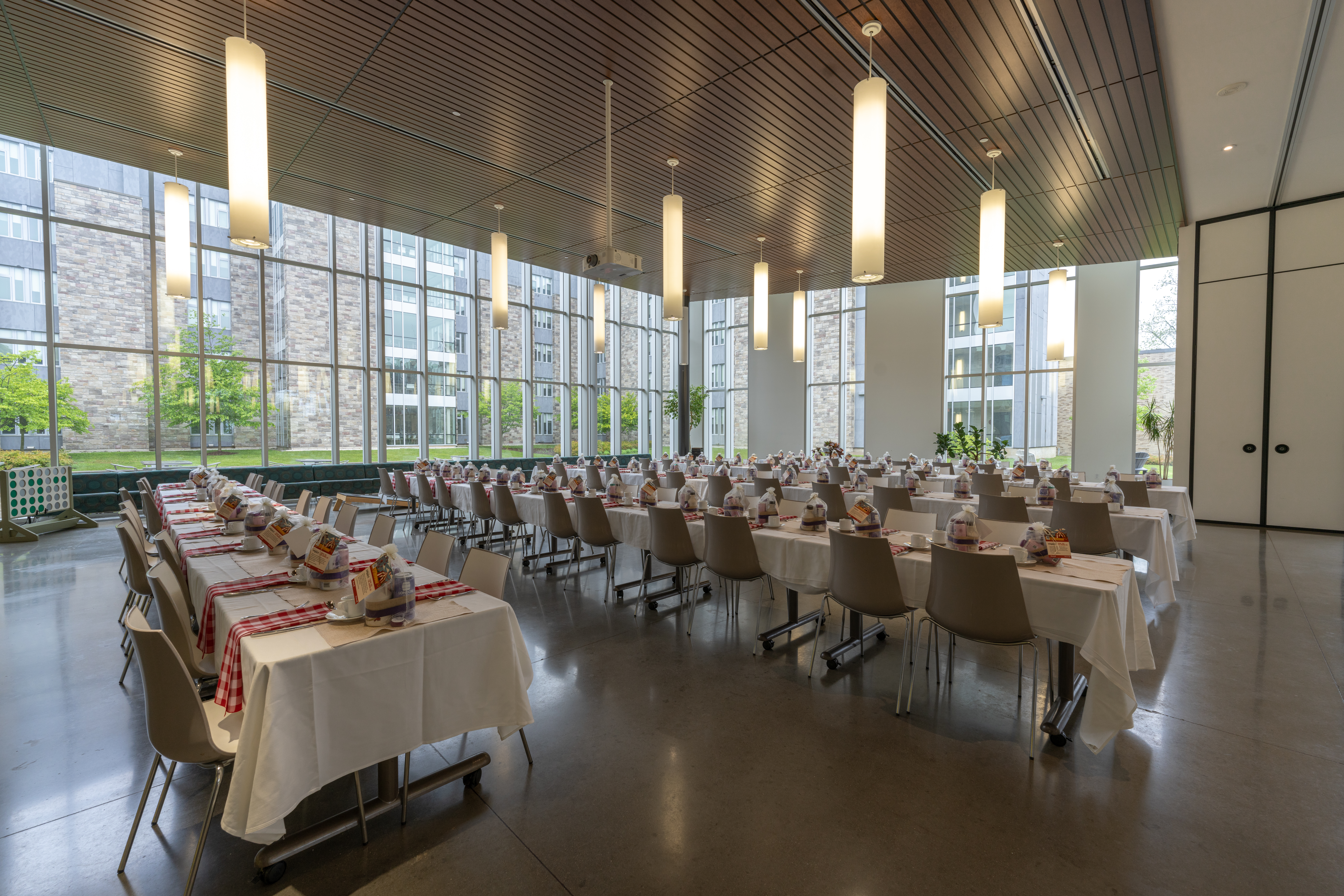 Tables set up in a dining hall